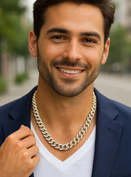 14k Two Tone Gold Miami Cuban Chain Necklace with White Pave