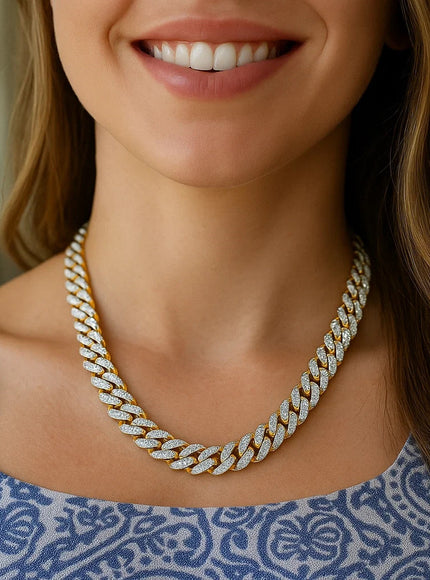 14k Two Tone Gold Miami Cuban Chain Necklace with White Pave
