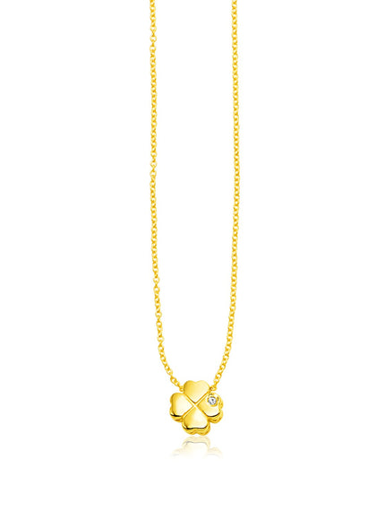 14k Yellow Gold Polished Four Leaf Clover Necklace with Diamond