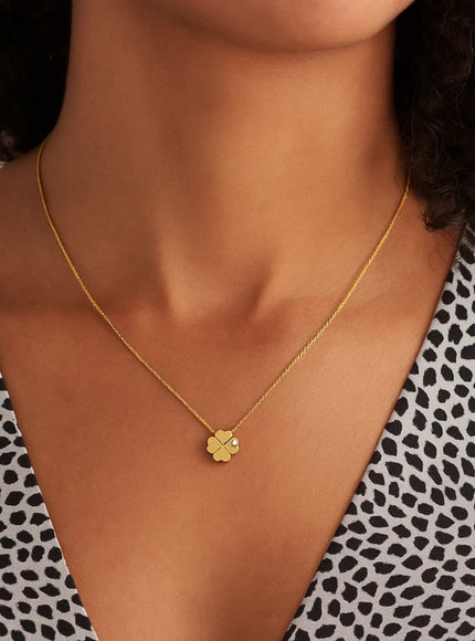 14k Yellow Gold Polished Four Leaf Clover Necklace with Diamond
