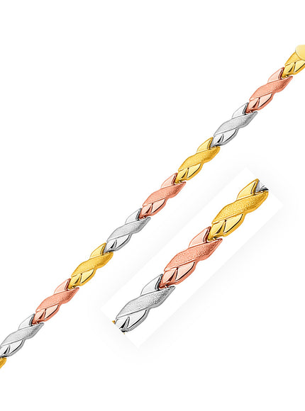 14k Tri-Color Gold Shiny and Textured X Link Bracelet