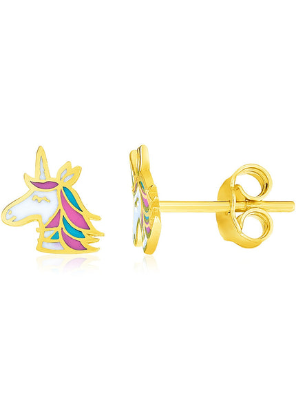 14k Yellow Gold Enameled Unicorn Childrens Earrings