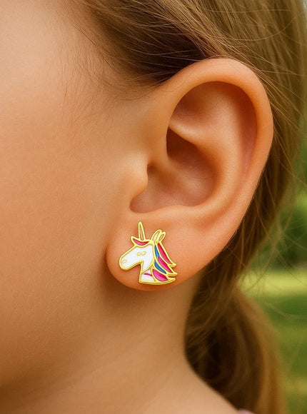 14k Yellow Gold Enameled Unicorn Childrens Earrings