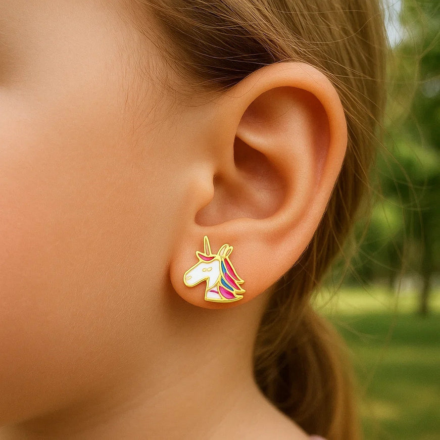 14k Yellow Gold Enameled Unicorn Childrens Earrings