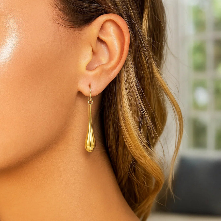 14k Yellow Gold Long Polished Teardrop Dangling Earrings