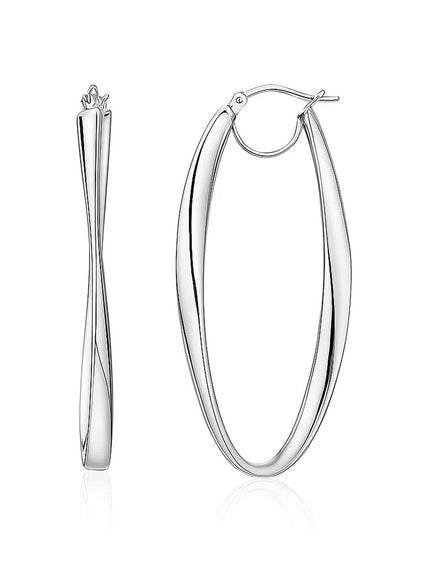 14k White Gold Twist Motif Oval Shape Hoop Earrings
