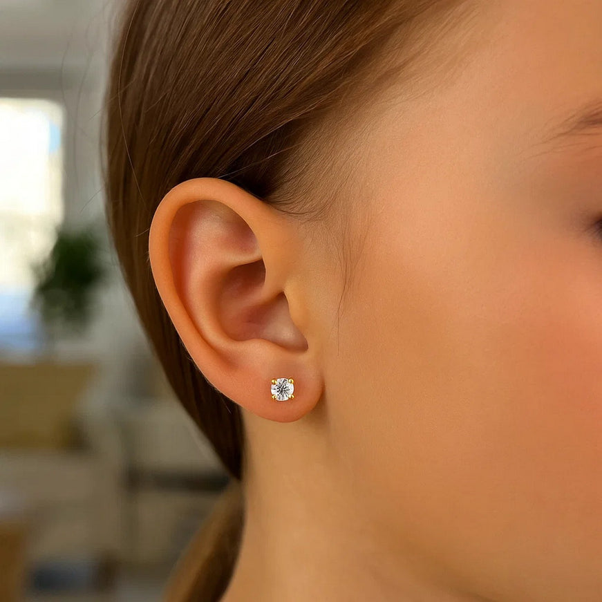 14k Yellow Gold Stud Earrings with Faceted White Cubic Zirconia