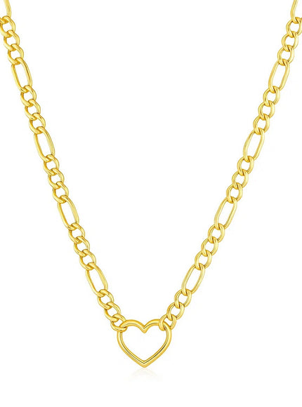14k Yellow Gold Figaro Chain Necklace with Heart