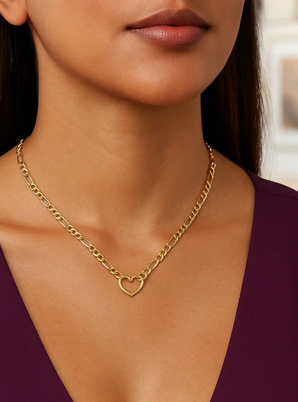 14k Yellow Gold Figaro Chain Necklace with Heart