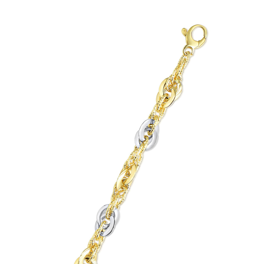 14k Two-Tone Yellow and White Gold Double Link Textured Bracelet