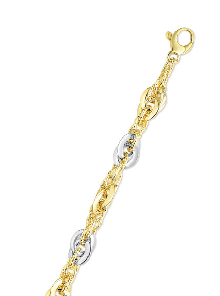 14k Two-Tone Yellow and White Gold Double Link Textured Bracelet