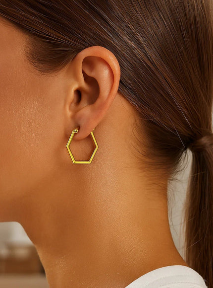 14K Yellow Gold Hexagon Shaped Hoop Earrings