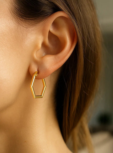 14K Yellow Gold Hexagon Shaped Hoop Earrings