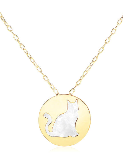 14k Yellow Gold Necklace with Cat Symbol in Mother of Pearl