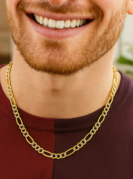 7.0mm 14K Yellow Gold Solid Pave Figaro Chain