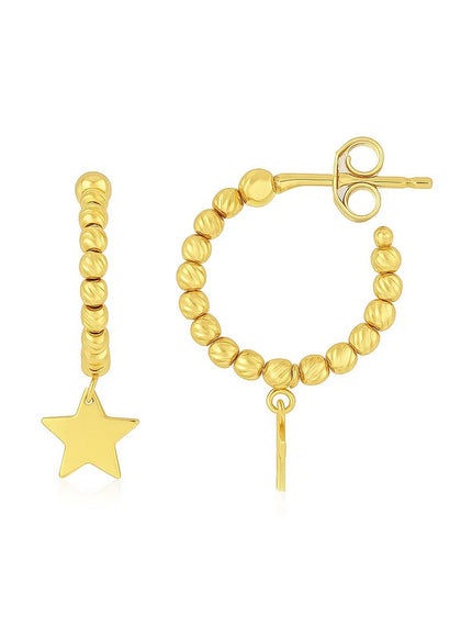 14K Yellow Gold Drop Star Charm Beaded Hoop Earrings