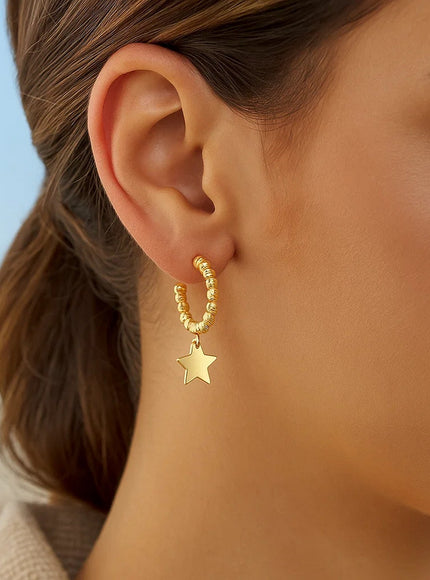 14K Yellow Gold Drop Star Charm Beaded Hoop Earrings