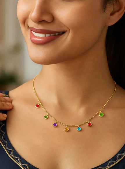 14k Yellow Gold Cable Chain Necklace with Round Multi-Tone Charms