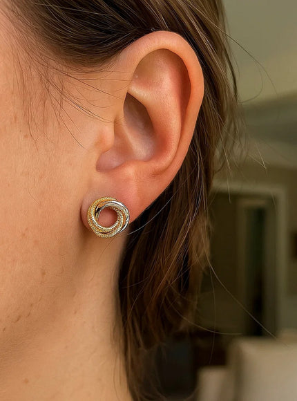 14k Two-Tone Gold Multi-Textured Open Circle Style Entwined Earrings