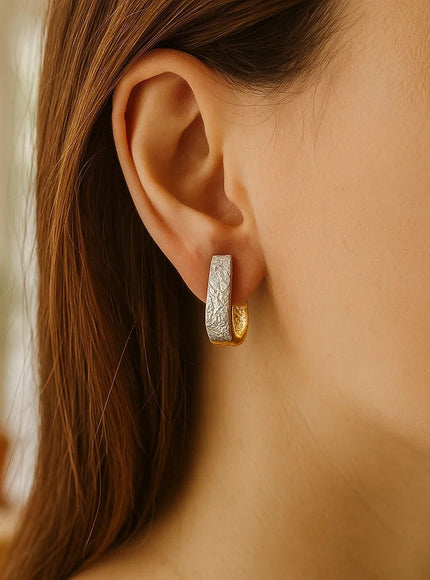 14k Two-Tone Gold Oval Diamond Cut Textured Earrings