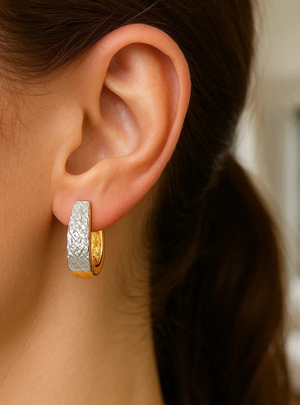 14k Two-Tone Gold Oval Diamond Cut Textured Earrings
