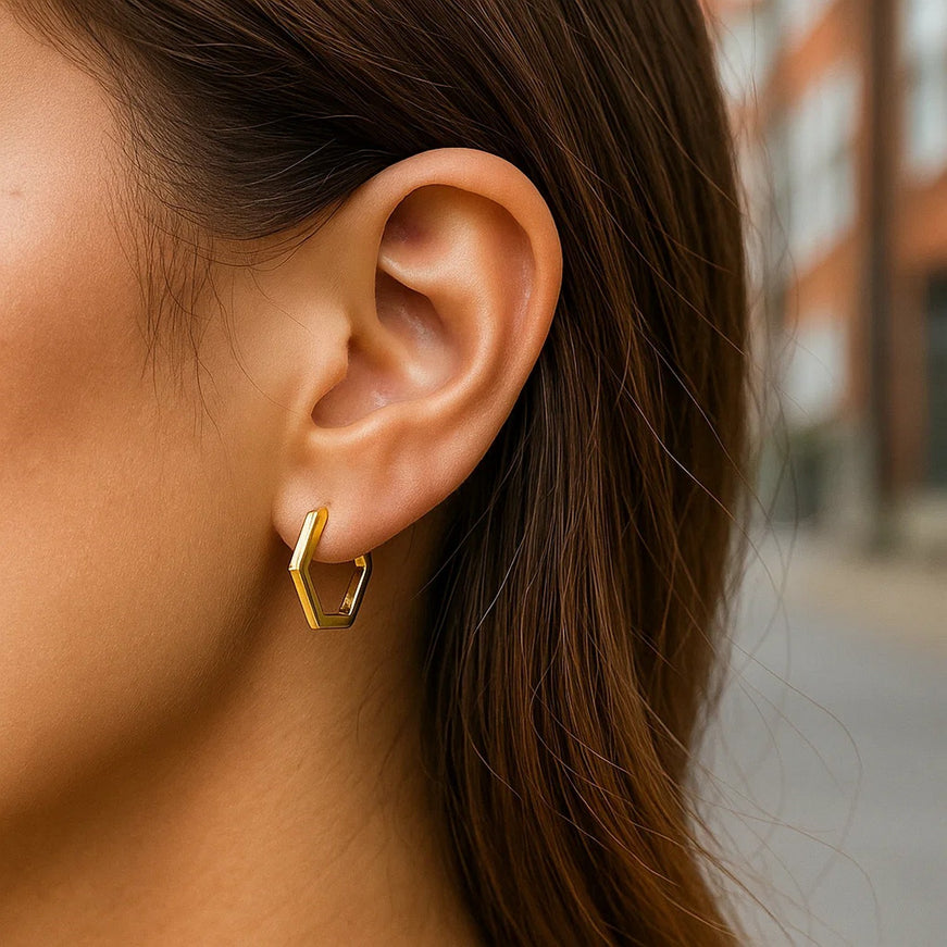 14k Yellow Gold Hexagon Huggie Hoops Earrings