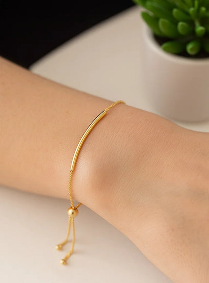 14k Yellow Gold Smooth Curved Bar Lariat Design Bracelet