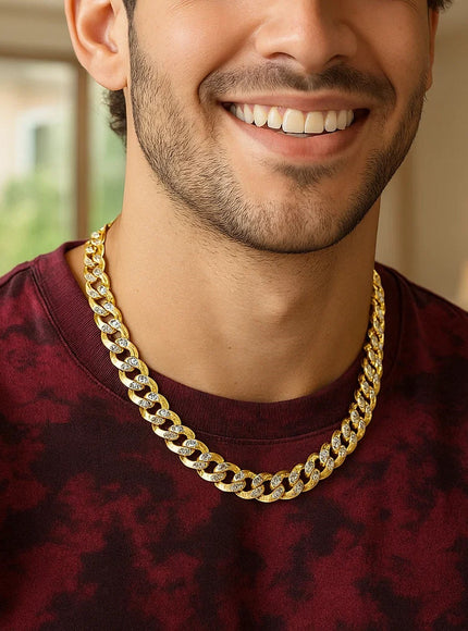 10 mm 14k Two Tone Gold Pave Curb Chain