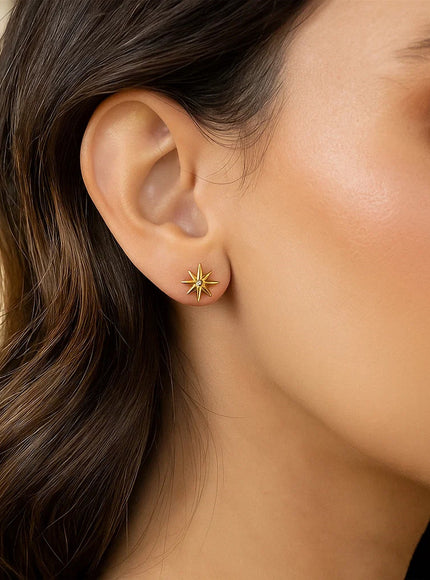 14K Yellow Gold High Polish North Star Diamond Earrings