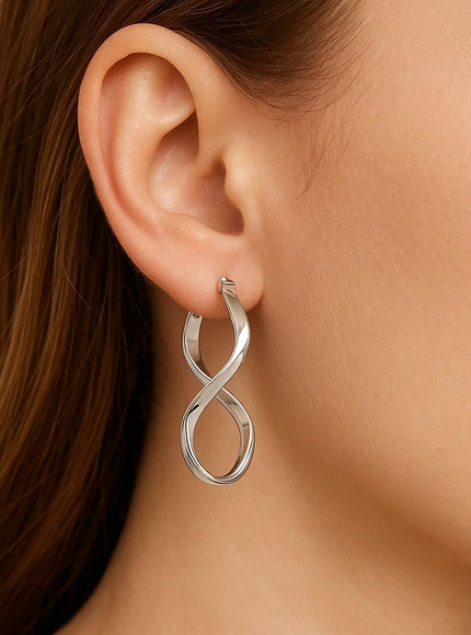 14k White Gold Twist Motif Polished Hoop Earrings