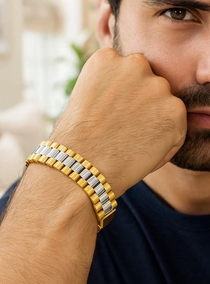 14k Two Tone Gold Mens Panther Link Bracelet