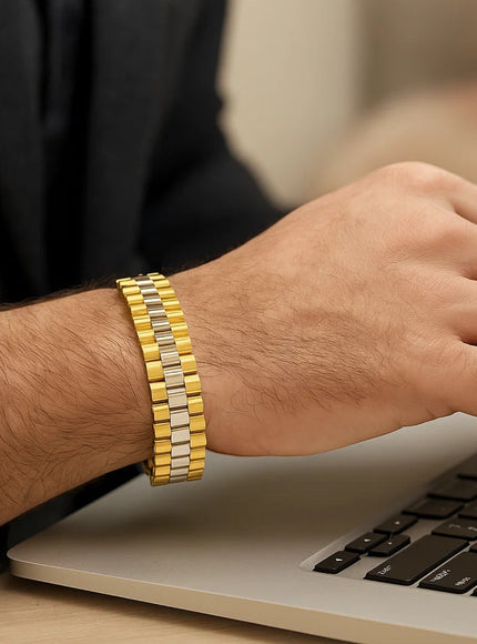 14k Two Tone Gold Mens Panther Link Bracelet