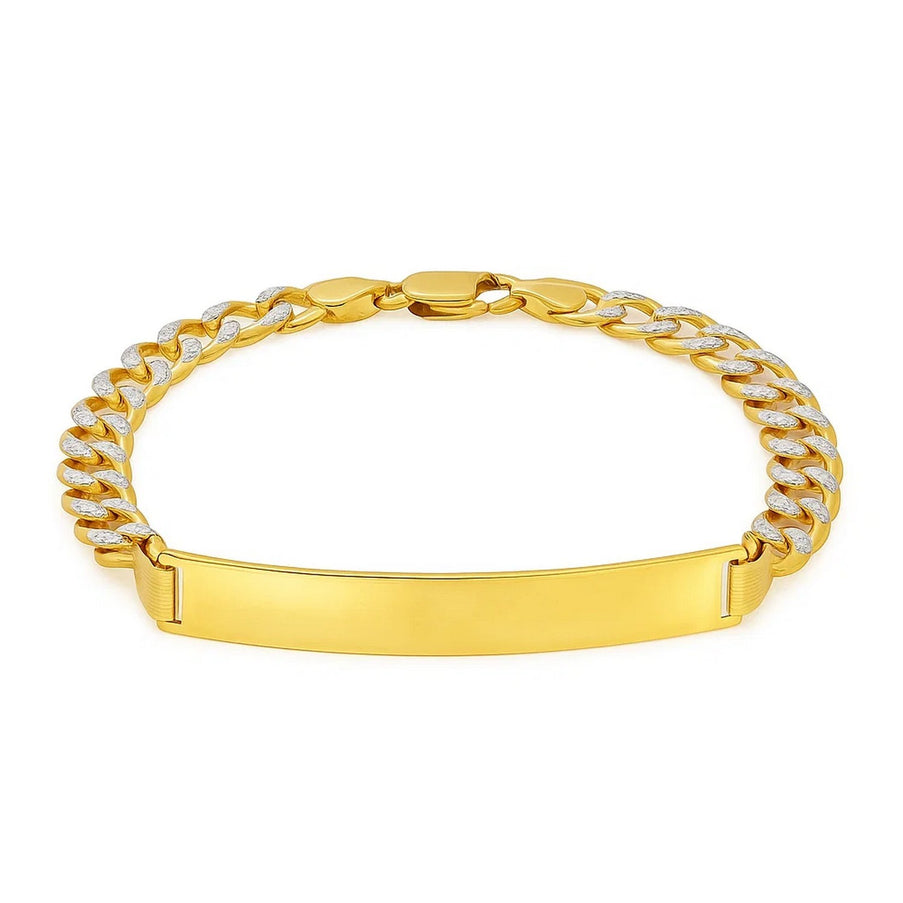 14k Two Tone Gold 8 1/2 inch Mens Narrow Curb Chain ID Bracelet with White Pave