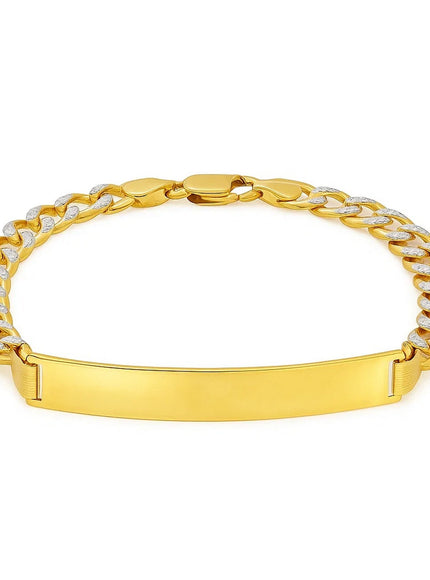 14k Two Tone Gold 8 1/2 inch Mens Narrow Curb Chain ID Bracelet with White Pave