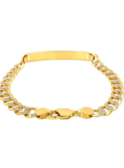 14k Two Tone Gold 8 1/2 inch Mens Narrow Curb Chain ID Bracelet with White Pave