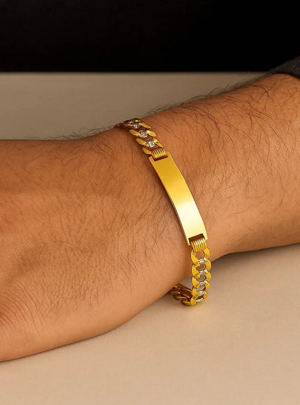 14k Two Tone Gold 8 1/2 inch Mens Narrow Curb Chain ID Bracelet with White Pave