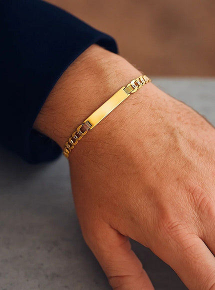 14k Two Tone Gold 8 1/2 inch Mens Narrow Curb Chain ID Bracelet with White Pave