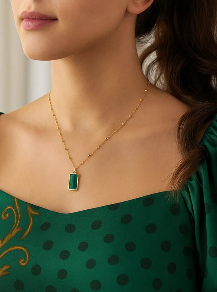 Malachite Geometric Rectangle Necklace in 14K Yellow Gold