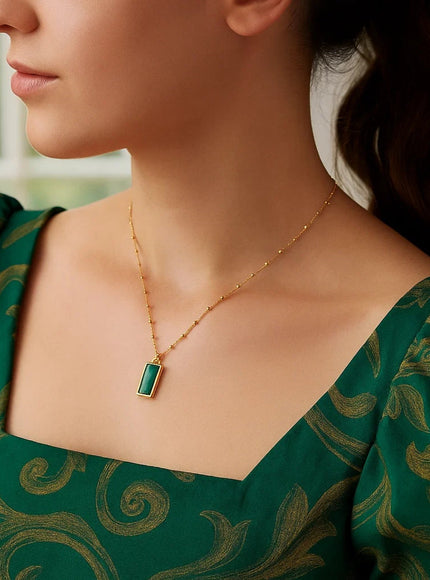 Malachite Geometric Rectangle Necklace in 14K Yellow Gold