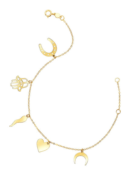 14k Yellow Gold 7 inch Bracelet with Polished Charms