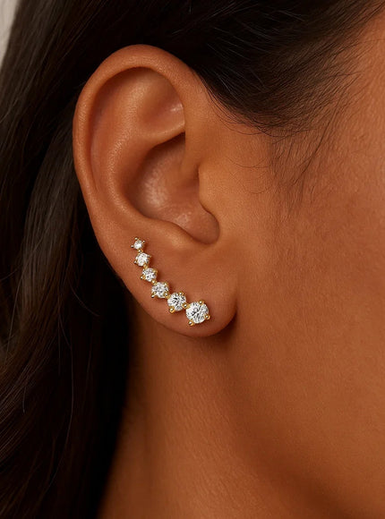 14k Yellow Gold Climber Post Earrings with Cubic Zirconias