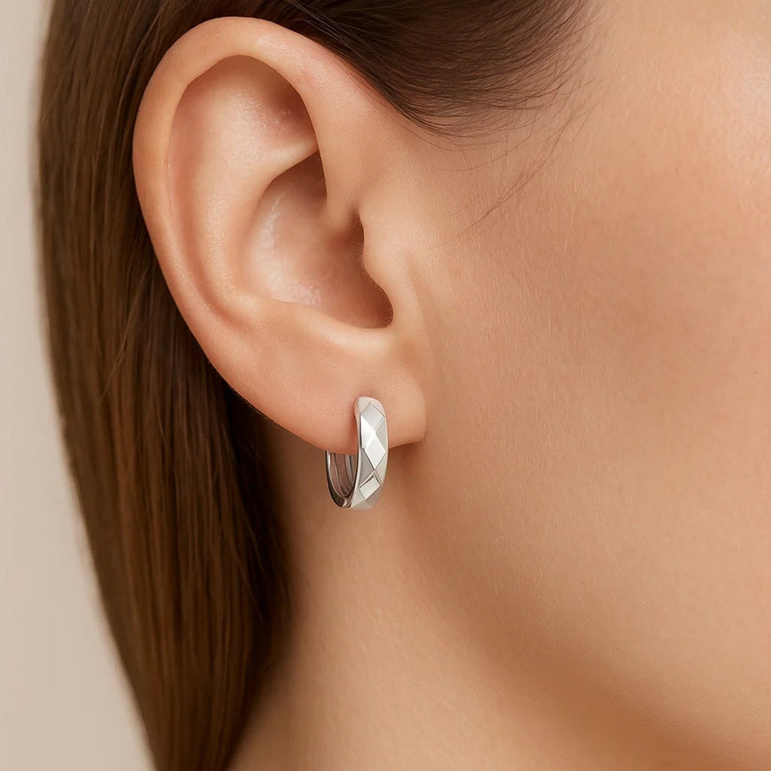 14K White Gold Diamond Motif Faceted Huggie Earrings