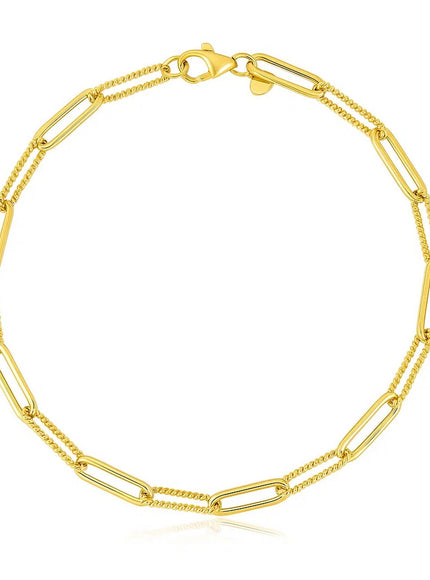 14k Yellow Gold High Polish Alternating Bead Paperclip Bracelet (3.5mm)