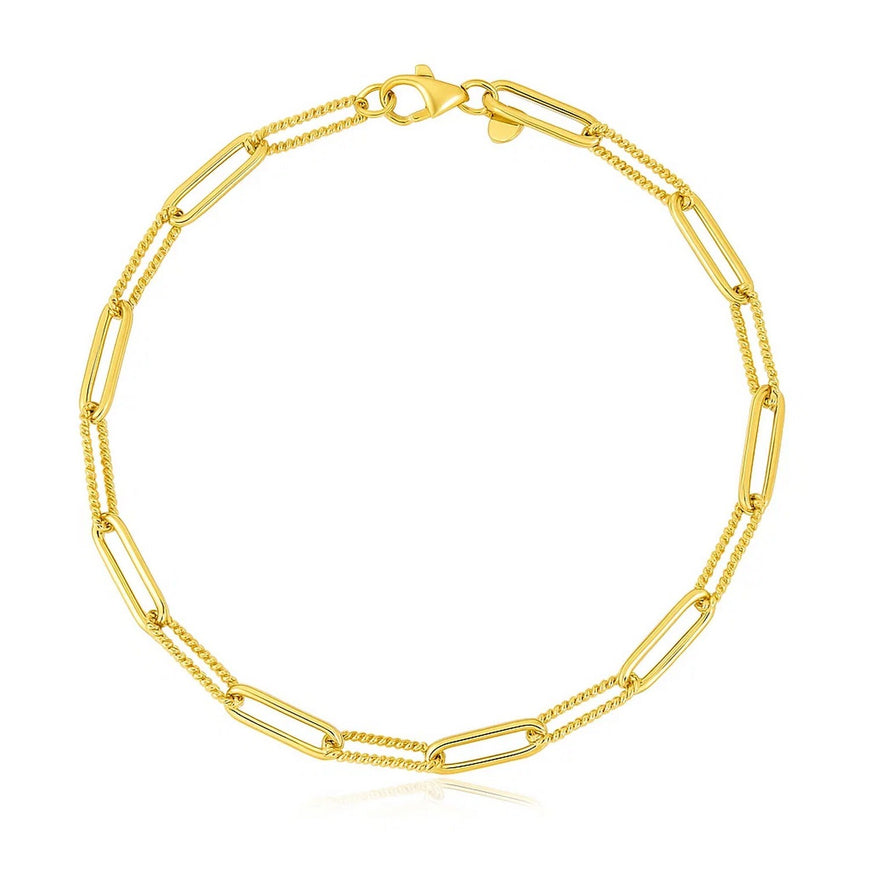 14k Yellow Gold High Polish Alternating Bead Paperclip Bracelet (3.5mm)