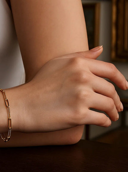 14k Yellow Gold High Polish Alternating Bead Paperclip Bracelet (3.5mm)