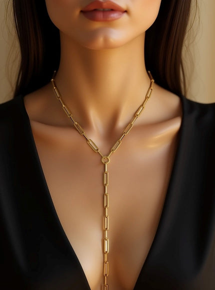 14k Yellow Gold Paperclip Chain Lariat Necklace