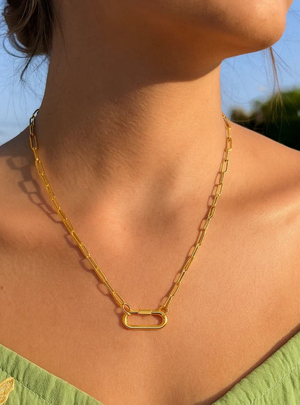 14k Yellow Gold Paperclip Chain Necklace with Oval Carabiner Clasp