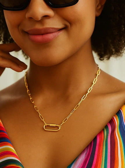 14k Yellow Gold Paperclip Chain Necklace with Oval Carabiner Clasp