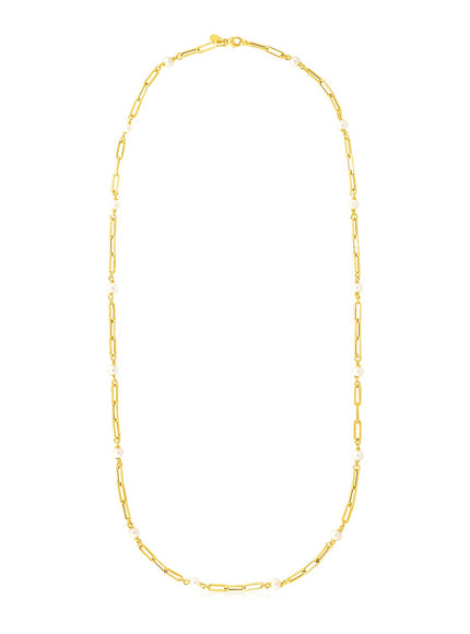 14k Yellow Gold Paperclip Chain and Pearl Necklace