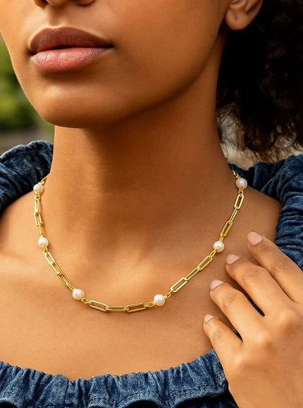 14k Yellow Gold Paperclip Chain and Pearl Necklace